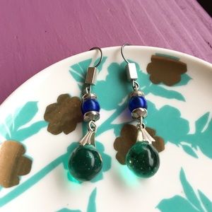 Silver Tone Blue Green Glass Bead Earrings